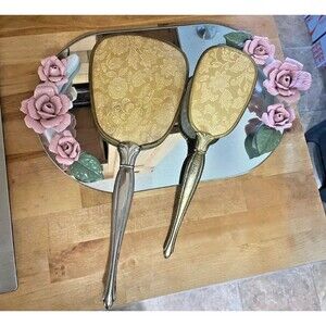 Art Deco Style Silver Plated Vanity Mirror & Brush Set Brass Showing